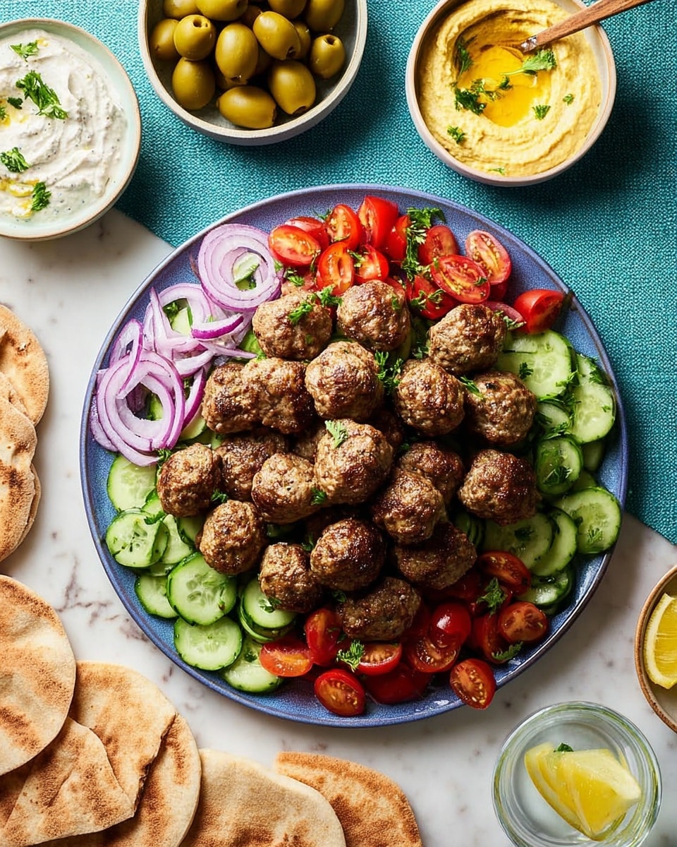 A deep blue plate holds about 20 small, round meatballs with a golden brown crispy texture on top, spread over a bed of thinly sliced purple onion rings, bright red cherry tomato halves, and uneven cucumber chunks in light and dark green shades, all fresh and vibrant. Around the plate, on a yellow cloth over a white marbled surface, there are white bowls with yellow hummus garnished with chopped green herbs, creamy white tzatziki sauce with cucumber bits, and a bowl of green olives. Triangular pieces of pita bread rest near the bottom left, while two round pita pieces are near the top right along with a glass of water containing a lemon slice and a bright yellow lemon squeezer. Photo taken with an iphone --ar 4:5 --v 7