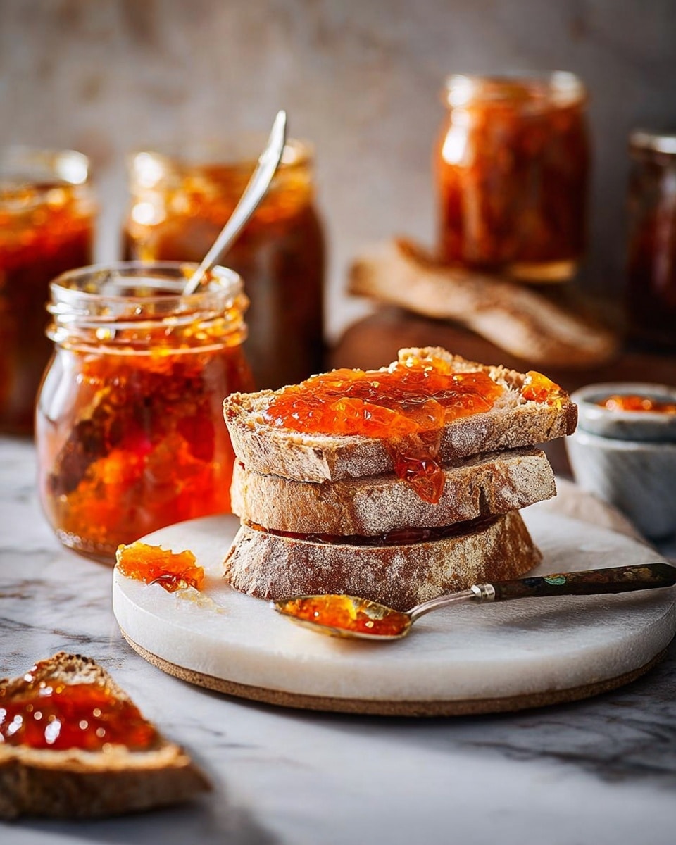 The image shows three thick slices of crusty brown bread stacked on a white plate, each slice having a rough, flour-dusted crust with a soft, light brown interior; the top slice is spread with a glossy, chunky orange-red jam or marmalade that looks sticky and textured. Next to the bread on the plate is a clear glass jar filled with the same jam, with a silver spoon resting against it, carrying some jam. The background has multiple similar jars filled with jam, slightly blurred. The whole scene sits on a dark surface with a contrasting white marbled texture in the background. Photo taken with an iphone --ar 4:5 --v 7