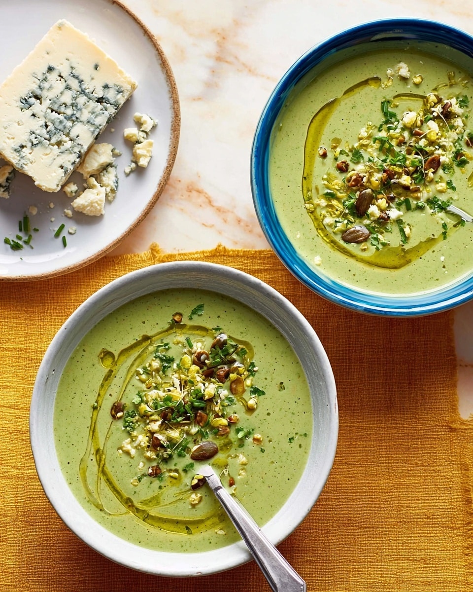 Two white bowls filled with green soup are placed on a white marbled surface with a yellow cloth beneath part of them. The soup has a smooth texture and is topped with small green herbs scattered evenly across, along with some white crumbles and a drizzle of golden oil creating loose patterns on the surface. There are also small seeds and nuts sprinkled on top. One bowl has a spoon resting inside it. Nearby, a white plate holds a wedge of cheese with blue veins, and some small cheese crumbs are scattered on the plate and surface. Photo taken with an iphone --ar 4:5 --v 7