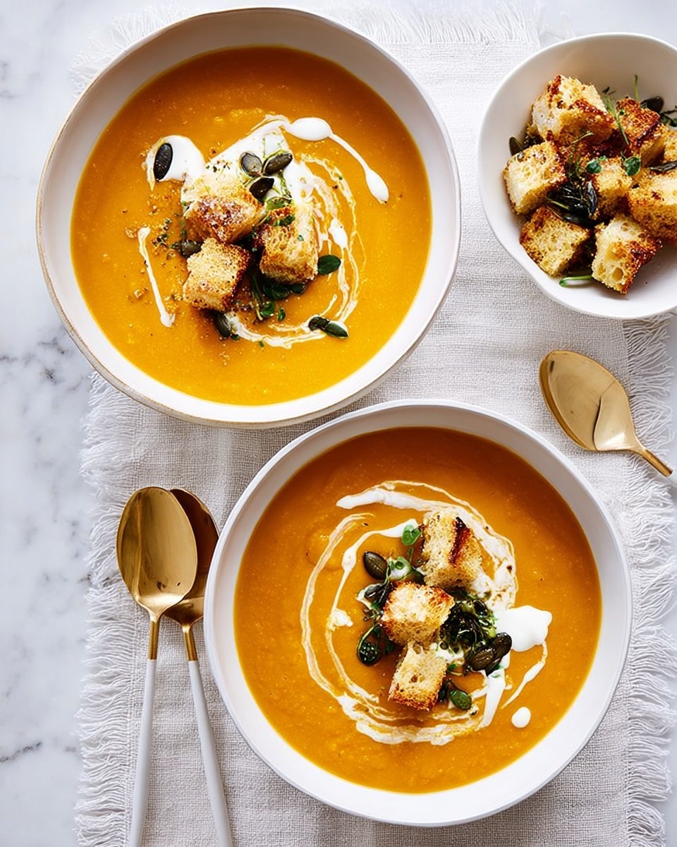 Two white bowls are filled with smooth orange soup, each topped with a swirl of white cream, golden toasted bread cubes, green chopped herbs, and a few dark pumpkin seeds scattered on top. A small white bowl nearby holds extra toasted bread pieces with herbs and seeds. The bowls and spoons rest on a white fabric with fringed edges over a white marbled surface. Two gold spoons with white handles are placed next to the lower bowl. photo taken with an iphone --ar 4:5 --v 7