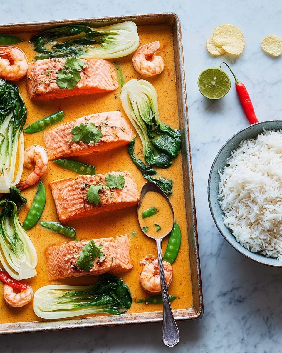 A white rectangular baking dish holds four pieces of cooked salmon with a pink-orange color, each topped with green cilantro leaves. Around the salmon are light green bok choy halves, bright green snow peas, and small cooked shrimp in a light brown sauce. A whole red chili pepper lies near the top, and lime slices are placed on the left side. A silver spoon rests inside the dish near the bottom right. To the right of the dish on a white marbled surface are scattered round crispy crackers and a white bowl filled with white rice. photo taken with an iphone --ar 4:5 --v 7