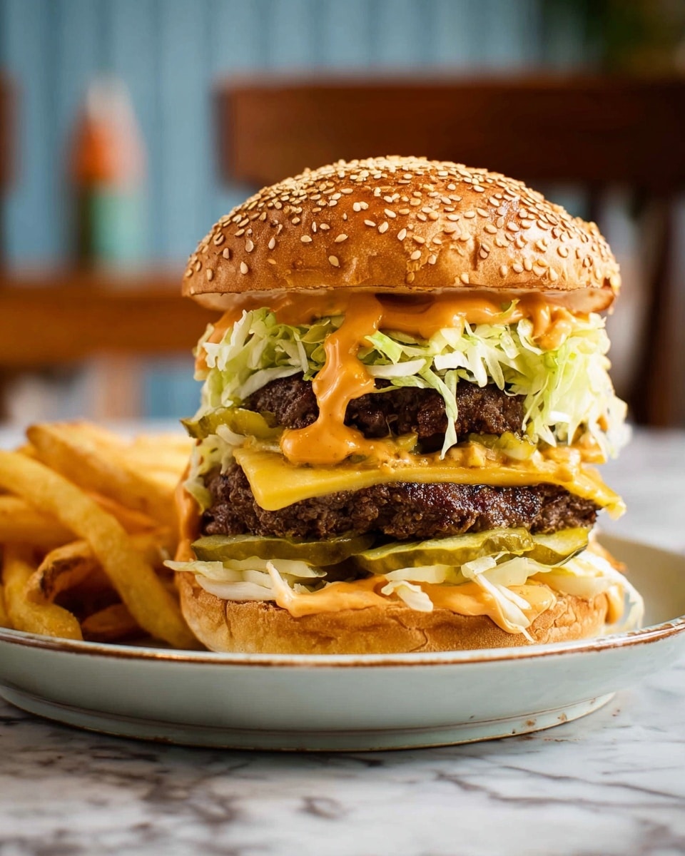 A tall burger sits on a white plate with golden French fries on the side, all placed on a white marbled surface. The burger has six visible layers: starting with a sesame seed-topped golden brown bun on top, beneath it is a creamy orange sauce dripping over a dark, grilled beef patty. Below the patty is a layer of chunky shredded green lettuce, followed by a thick white layer, possibly grilled chicken or an onion ring. Under that is another dark, grilled beef patty with slices of bright green pickles on top. Then there is a layer of melted pale yellow cheese, and creamy sauce spread on the bottom golden bun. The background has warm wooden tones and a white vase blurred out. Photo taken with an iphone --ar 4:5 --v 7