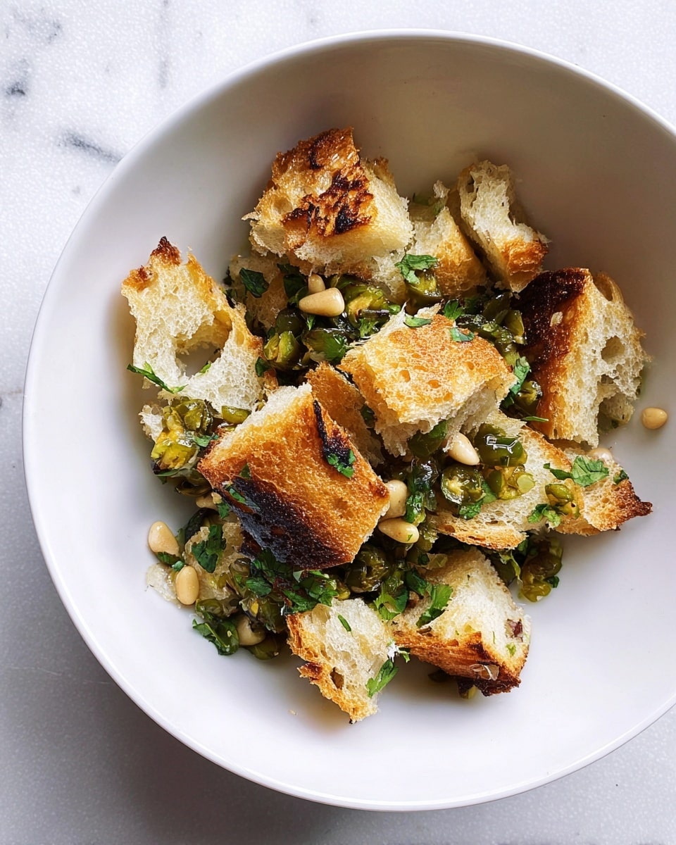 In a white bowl on a white marbled surface, there are several pieces of toasted bread with golden-brown crusts and a soft, pale center, layered unevenly at the bottom. Scattered among the bread pieces are small, dark green sliced olives and light green chopped parsley leaves that add a fresh look. Some light-colored pine nuts are mixed throughout, adding texture and color contrast. The bowl’s interior is smooth and simple, framing the mix of crispy and fresh ingredients. photo taken with an iphone --ar 4:5 --v 7