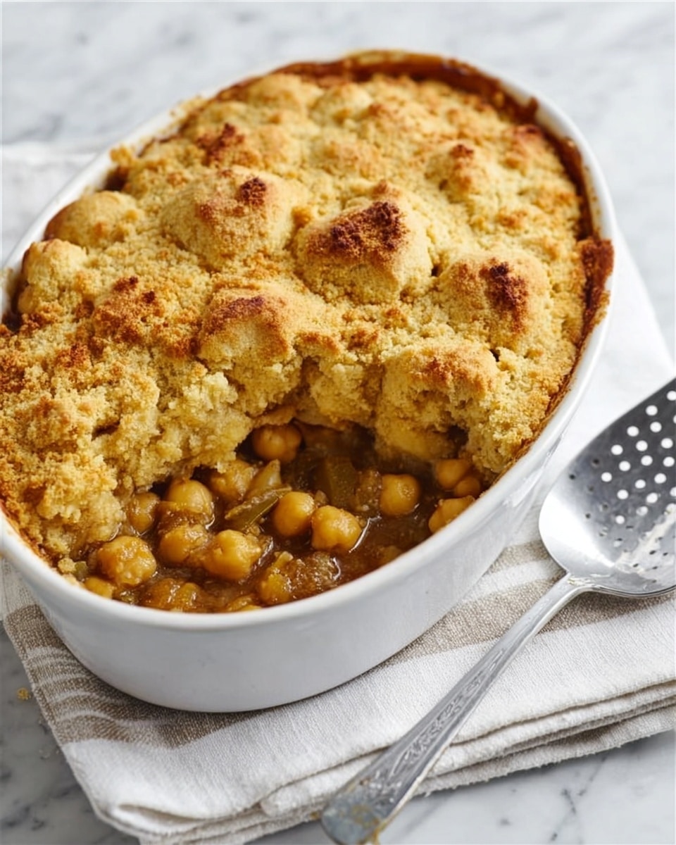 The image shows a white oval dish with a baked top layer that is golden brown and crumbly in texture, broken open to reveal a soft, chunky filling underneath made of light brown chickpeas and other ingredients. The crust is thick and uneven with a slightly rough surface, while the inside filling is moist and mixed, sitting low in the dish beneath the crust. A metal slotted spoon rests beside the dish on a white marbled surface covered partially by a light gray striped cloth. photo taken with an iphone --ar 4:5 --v 7