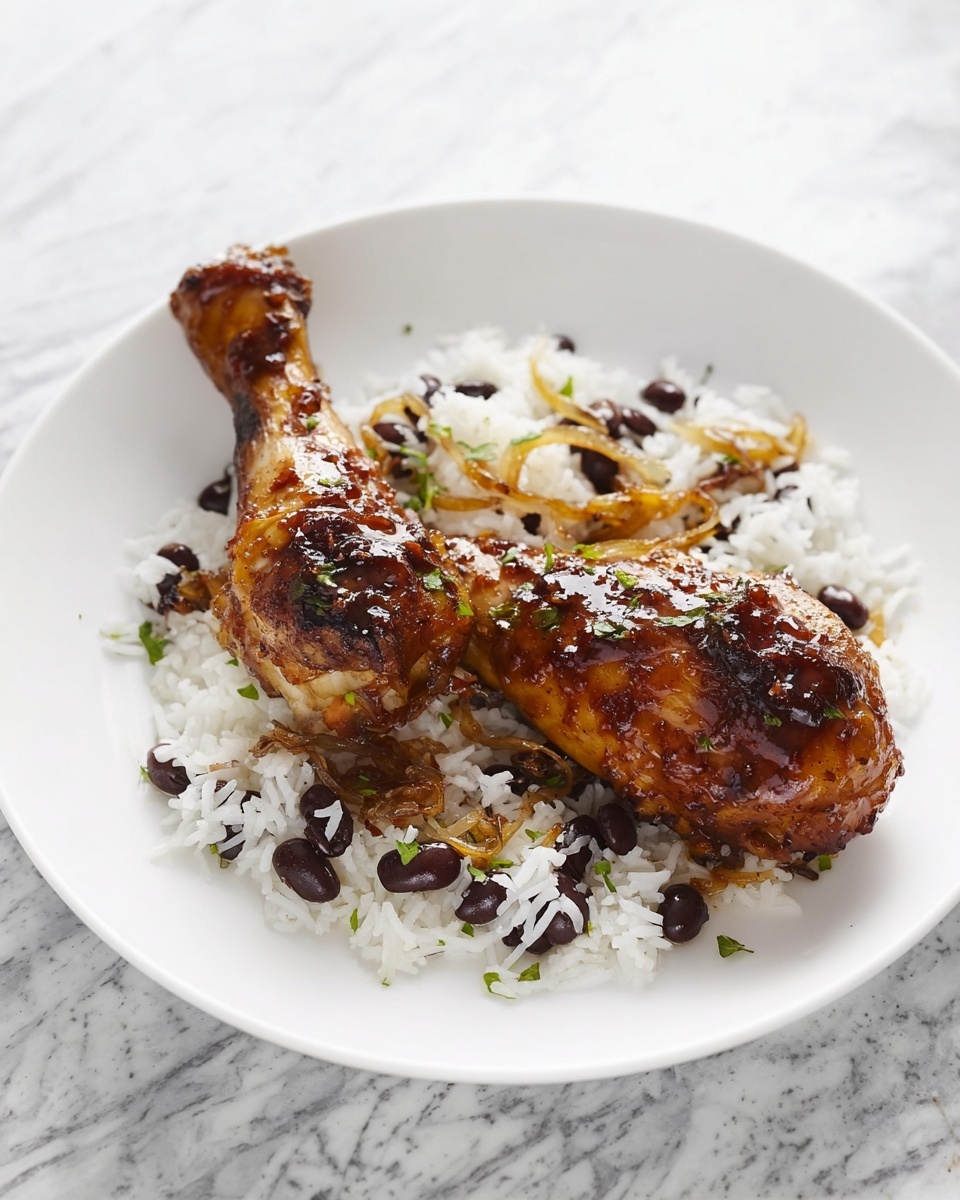 A white plate shows two pieces of glazed chicken, a drumstick on top and a thicker piece below, both with a shiny brown coating. Below the chicken, there is a layer of white rice mixed with black beans, scattered unevenly with some small pieces of green herbs. The plate is placed on a white marbled surface with a fork visible in the background, and part of a yellow checkered cloth can be seen at the top. Photo taken with an iphone --ar 4:5 --v 7