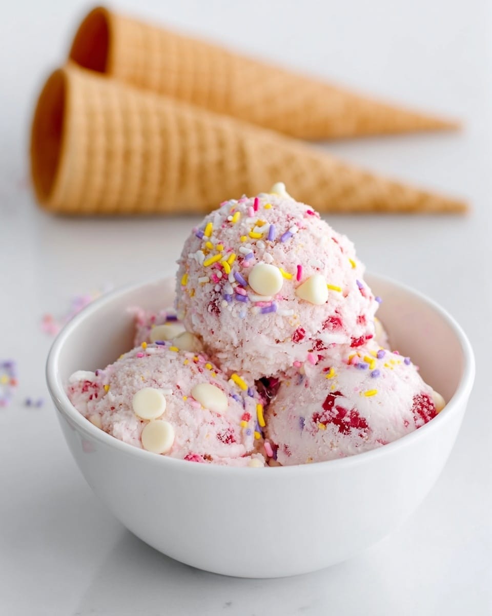 A white bowl filled with three scoops of pink ice cream that have small red fruit pieces inside. The ice cream is topped with colorful sprinkles in yellow, pink, and orange and scattered white chocolate chips. Behind the bowl lie two light brown waffle cones on a white marbled surface. The overall look is bright and simple, showing a fresh dessert. Photo taken with an iphone --ar 4:5 --v 7