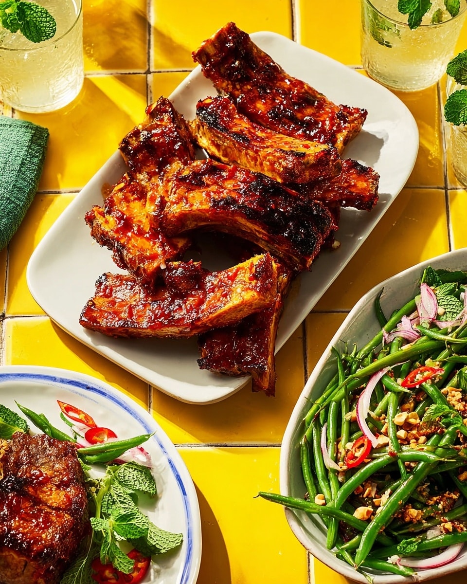 The image shows a white rectangular plate filled with six grilled meat ribs that have a shiny red and brown glaze on them, giving a cooked and slightly charred look with some dark edges. The ribs are roughly stacked, filling the plate closely, with some sauce drips around. To the right, there is a white bowl filled with green beans mixed with rings of light pink shallots and red chili slices, topped with sesame seeds. In the bottom left corner, there is a white plate holding more ribs and green beans. A glass with a lemon slice and a pitcher of light yellow liquid are placed on a bright yellow tiled surface with a white marbled texture around, along with a folded bright green cloth near the ribs plate. photo taken with an iphone --ar 4:5 --v 7
