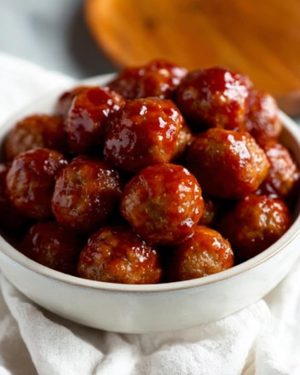 A white bowl filled with glossy, brown glazed meatballs stacked in layers, each meatball smooth and shiny with a thick sauce coating. The bowl is placed on a white marbled surface with a textured white cloth nearby, and a wooden spoon laying in the background. Photo taken with an iphone --ar 4:5 --v 7