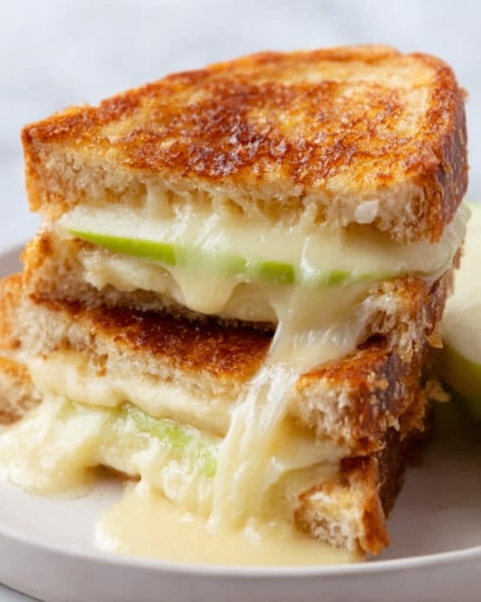 A close-up of a grilled cheese sandwich cut in half, showing melted gooey cheese flowing out between two thick slices of toasted golden-brown bread. Inside, there are thin slices of green apple adding a fresh layer on top of the melted cheese. The sandwich sits on a simple white plate against a white marbled surface background. The warm light highlights the crispy texture of the bread and the smooth, creamy cheese oozing down. Photo taken with an iphone --ar 4:5 --v 7
