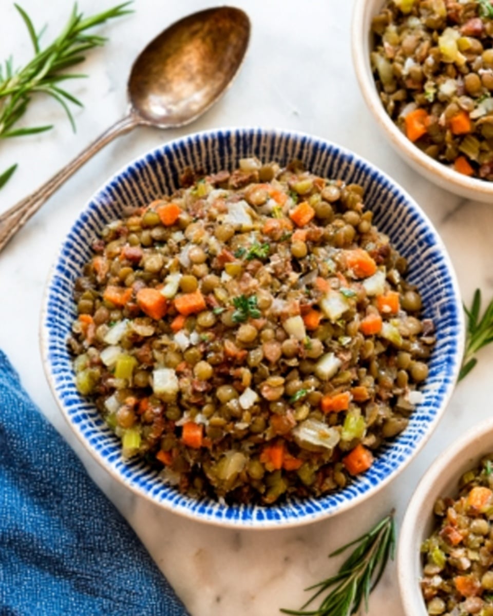 A close-up image of two white ceramic bowls with blue stripes filled with a mixed salad. The salad has three visible layers: at the bottom, small cooked lentils form a brownish, grainy base; the middle layer includes diced orange carrots and small green celery pieces, adding color and texture; the top layer is sprinkled with crumbled white cheese and small green herbs, giving a fresh look. The bowls are placed on a white marbled surface, with a sprig of fresh rosemary next to one of them. A vintage-style silver spoon and fork are nearby, all in soft, natural daylight. Photo taken with an iphone --ar 4:5 --v 7
