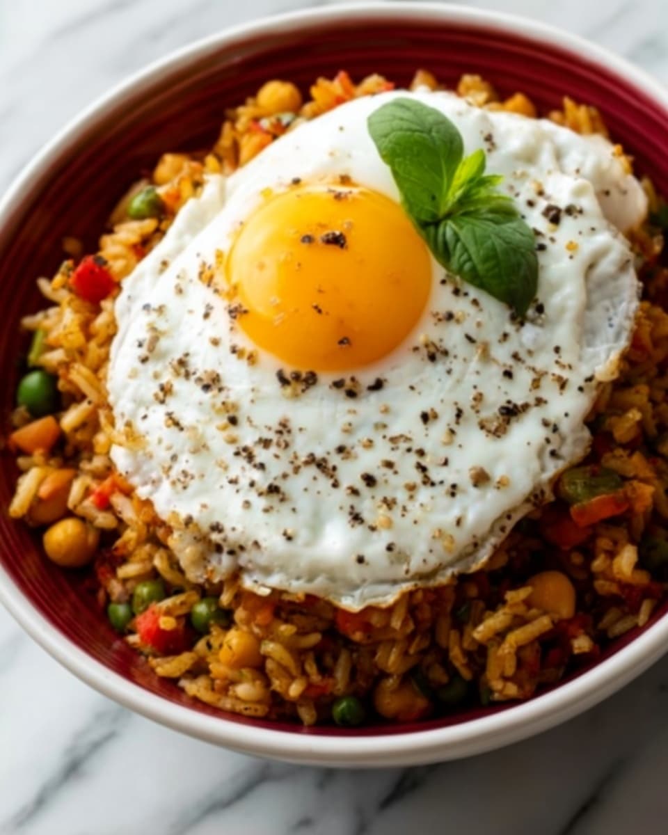 The image shows a white bowl filled with a colorful mix of rice, chickpeas, and small pieces of red and green vegetables. On top of the rice mixture, there is one fried egg with a smooth white edge and a yellow yolk in the center, sprinkled with black pepper. A small green leaf garnish sits on the egg, adding a fresh touch. The bowl is placed on a white marbled surface. photo taken with an iphone --ar 4:5 --v 7