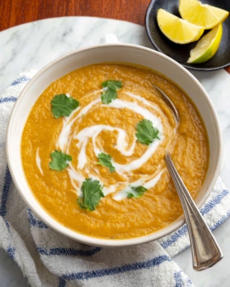 A white bowl filled with a thick, orange-brown creamy soup, likely lentil or pumpkin, with a swirl of white cream on top that creates a gentle spiral pattern. Three small fresh green cilantro leaves rest on the surface, adding a touch of color. A silver spoon stands in the bowl, showing some soup on it. The bowl sits on a white and blue cloth over a white marbled surface, with two lemon wedges on a small dark plate placed slightly behind the bowl. Photo taken with an iphone --ar 4:5 --v 7