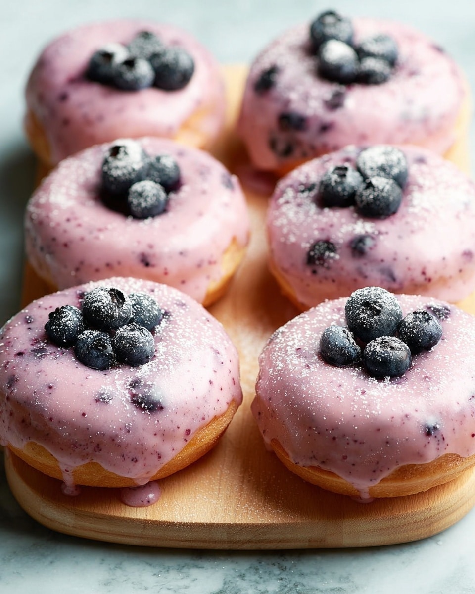 Five donuts sit closely on a wooden board with a white marbled background, each donut covered in a thick layer of light purple glaze with darker purple specks inside. The glaze drips slightly over the sides of the donuts, adding a shiny texture. Each donut has three fresh, dark blue blueberries placed on top, and a light dusting of powdered sugar covers the entire surface, giving a soft snowy effect. The donuts are round with a central hole, and their golden-brown edges are slightly visible beneath the glaze. photo taken with an iphone --ar 4:5 --v 7