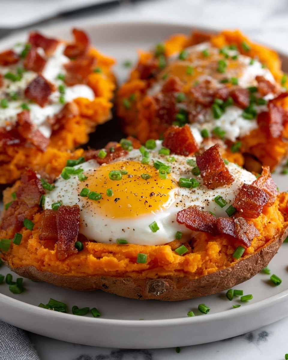 The image shows a white plate holding three thick slices of roasted sweet potato, each with an orange, soft, and mashed texture on top inside of the brown crispy skin. On each slice, there is a layer of white fried egg with a bright yellow yolk that is slightly runny. Small pieces of crispy bacon with a reddish-brown color are scattered on top. The dish is finished with finely chopped green chives sprinkled evenly, and a little black pepper is visible on the eggs. The plate sits on a white marbled surface. photo taken with an iphone --ar 4:5 --v 7