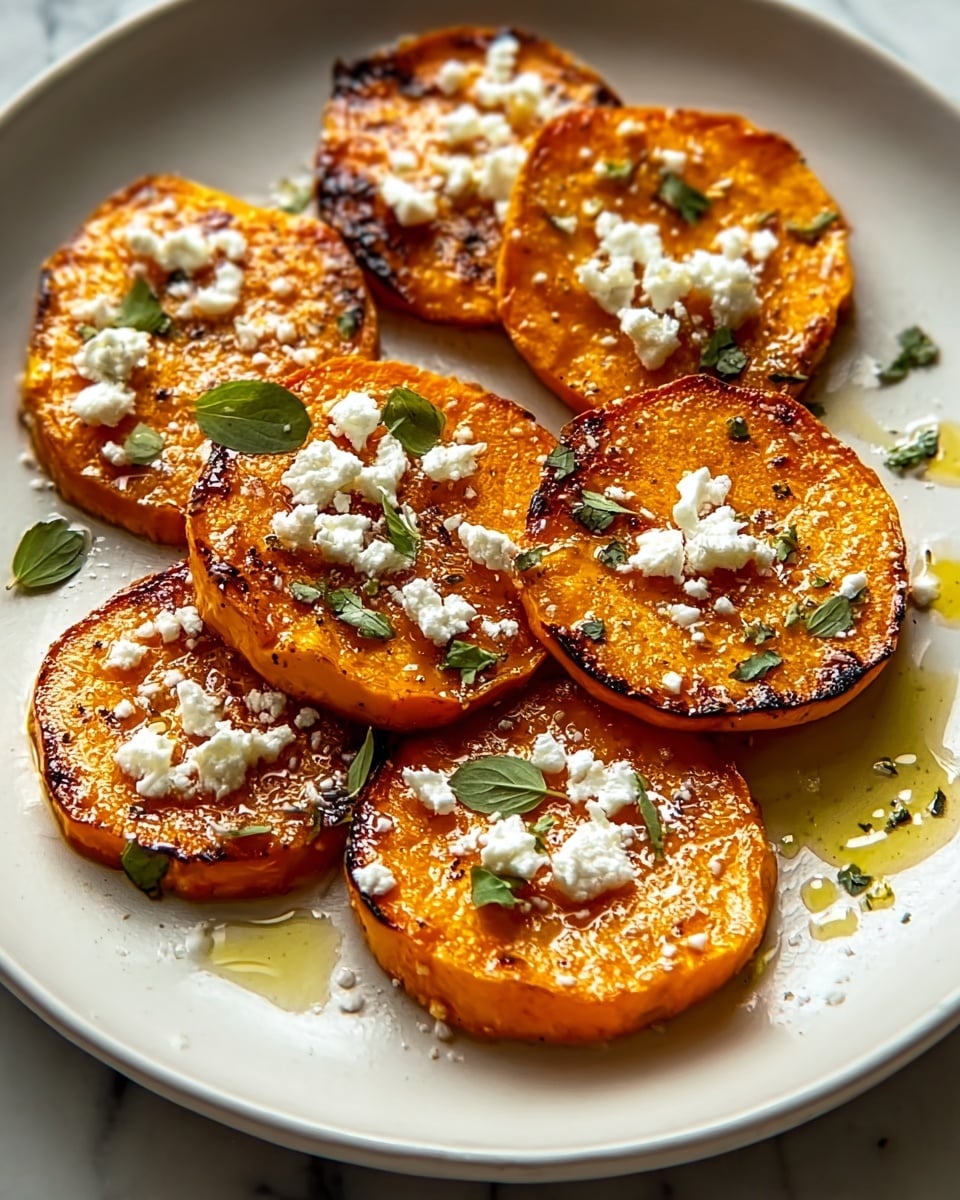 The dish shows several round slices of roasted orange squash arranged closely on a white plate. Each slice has a slightly charred, caramelized surface with a glossy texture from the oil or glaze. Scattered on top are small bits of crumbly white cheese and fresh green herb leaves, adding contrast to the warm orange base. The white marbled texture background highlights the colors of the food, and the lighting brings out the shine and details of the squash slices. photo taken with an iphone --ar 4:5 --v 7