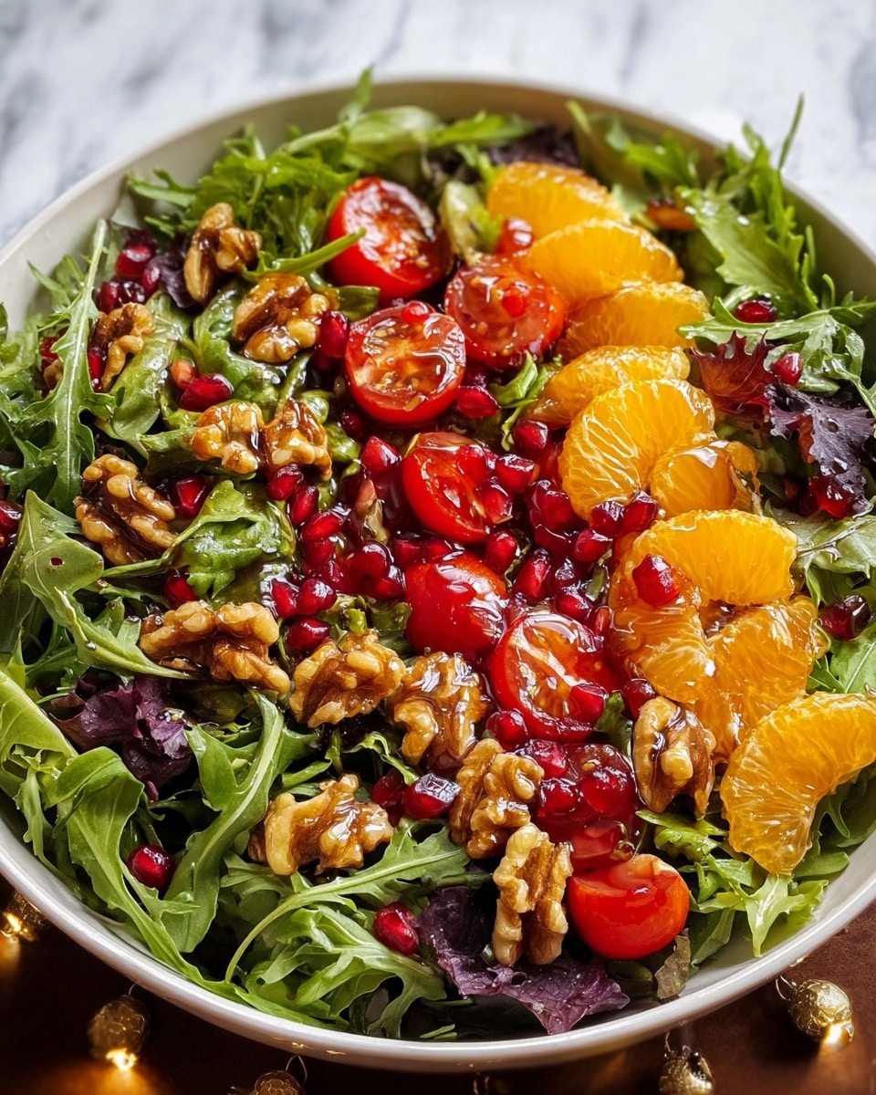 A fresh salad is shown in a white bowl on a white marbled surface, filled with three main layers: the first layer is a bed of mixed green leafy vegetables including arugula and lettuce with different shades of green and some purplish leaves; the second layer has bright orange segments and whole and halved red cherry tomatoes placed evenly throughout; the third layer is scattered walnut pieces and shiny, red pomegranate seeds, all topped with a glistening honey or dressing that adds a glossy texture. Photo taken with an iphone --ar 4:5 --v 7