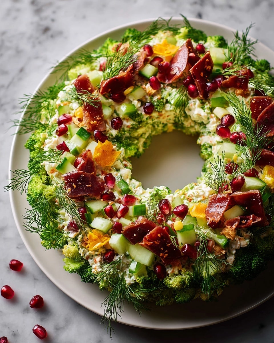 A wreath-shaped salad sits on a white plate, featuring several layers visible from the side. The base layer is creamy white with bits of pale yellow and green mixed in. Above this, there is a thick layer of small green cucumber cubes scattered evenly around the ring. Next, bright green broccoli pieces form another layer around the outside. The top is decorated with deep red pomegranate seeds, thin folds of reddish-brown cured meat, sprigs of fresh green dill, and small orange slices placed evenly to add color contrast. The whole dish is vibrant and fresh, set against a white marbled texture. Photo taken with an iphone --ar 4:5 --v 7