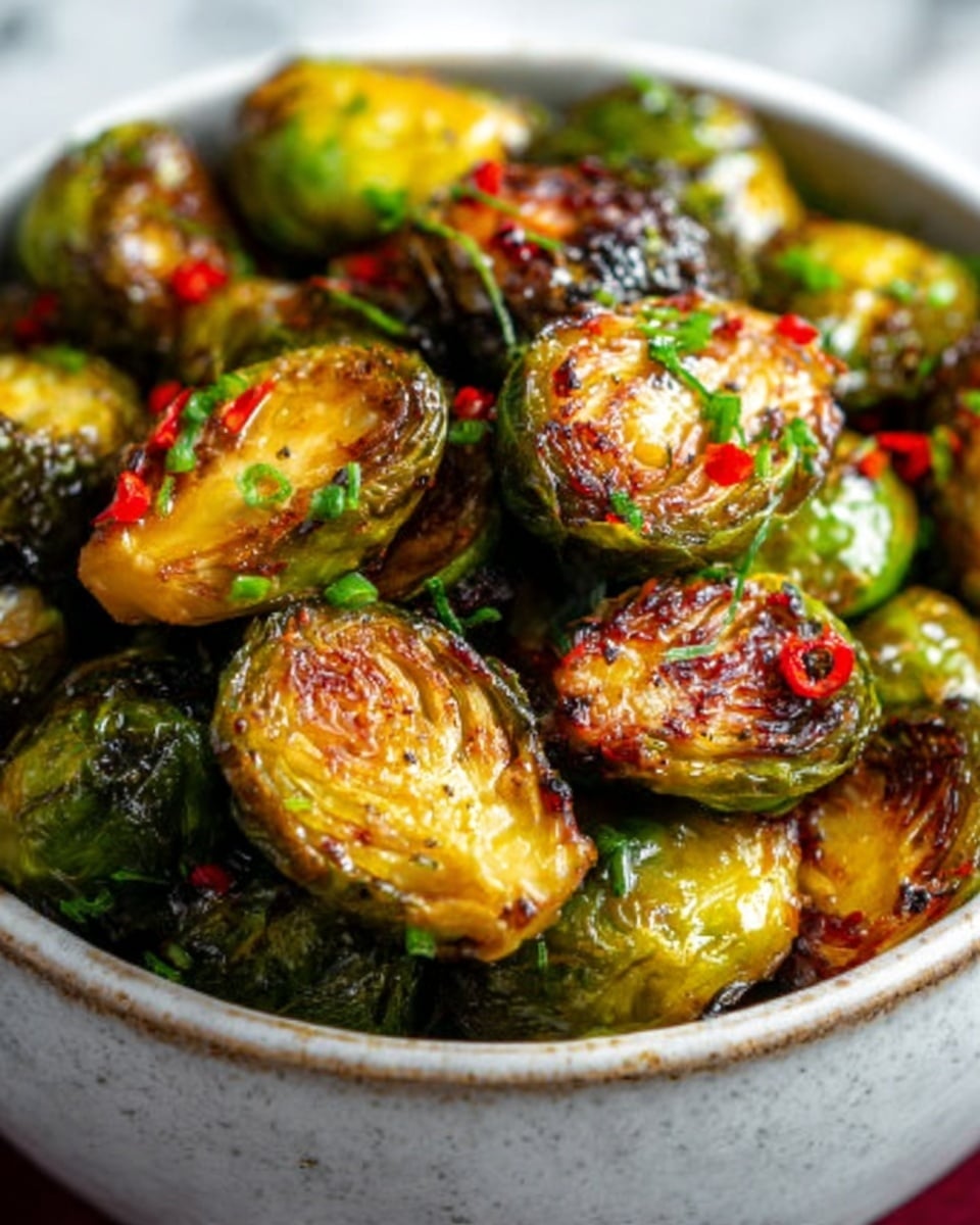 A close-up image of a bowl filled with roasted Brussels sprouts, each piece golden brown with slightly charred edges showing a crispy texture. The sprouts are cut in half, revealing a bright green inside with caramelized outer leaves speckled with red chili flakes and small green herb pieces scattered on top. The bowl is white and sits on a white marbled surface, emphasizing the warm, rich colors of the roasted vegetables. photo taken with an iphone --ar 4:5 --v 7
