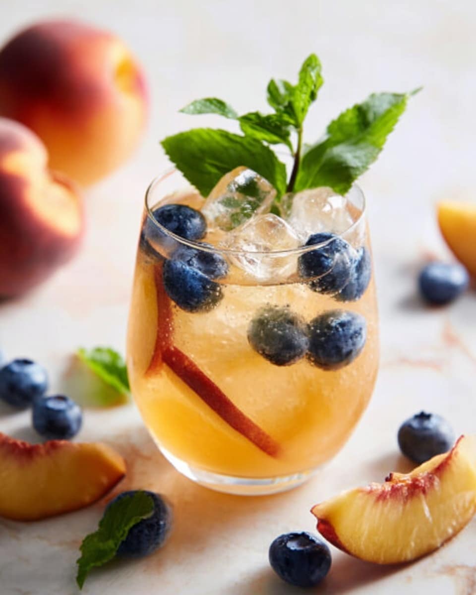 A clear glass filled with a light peach-colored drink with ice cubes, several whole blueberries, and thin slices of peach floating inside. On top of the drink, there is a small bunch of fresh green mint leaves. Around the glass, whole blueberries and peach slices are scattered on a white marbled surface. The background has a blurred peach and glass showing more peaches and similar drinks. Photo taken with an iphone --ar 4:5 --v 7