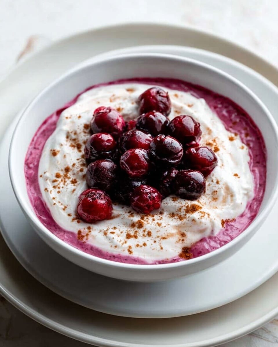A white bowl sits on a white plate with a white marbled textured surface underneath. Inside the bowl, the first layer is a deep pink puree, smooth and evenly spread, topped by a thick, creamy white layer that looks soft and fluffy. On top of the creamy layer is a small pile of dark red, glossy berries that are slightly wet and fresh, with a light sprinkle of brown cinnamon powder around the edges of the creamy layer. photo taken with an iphone --ar 4:5 --v 7