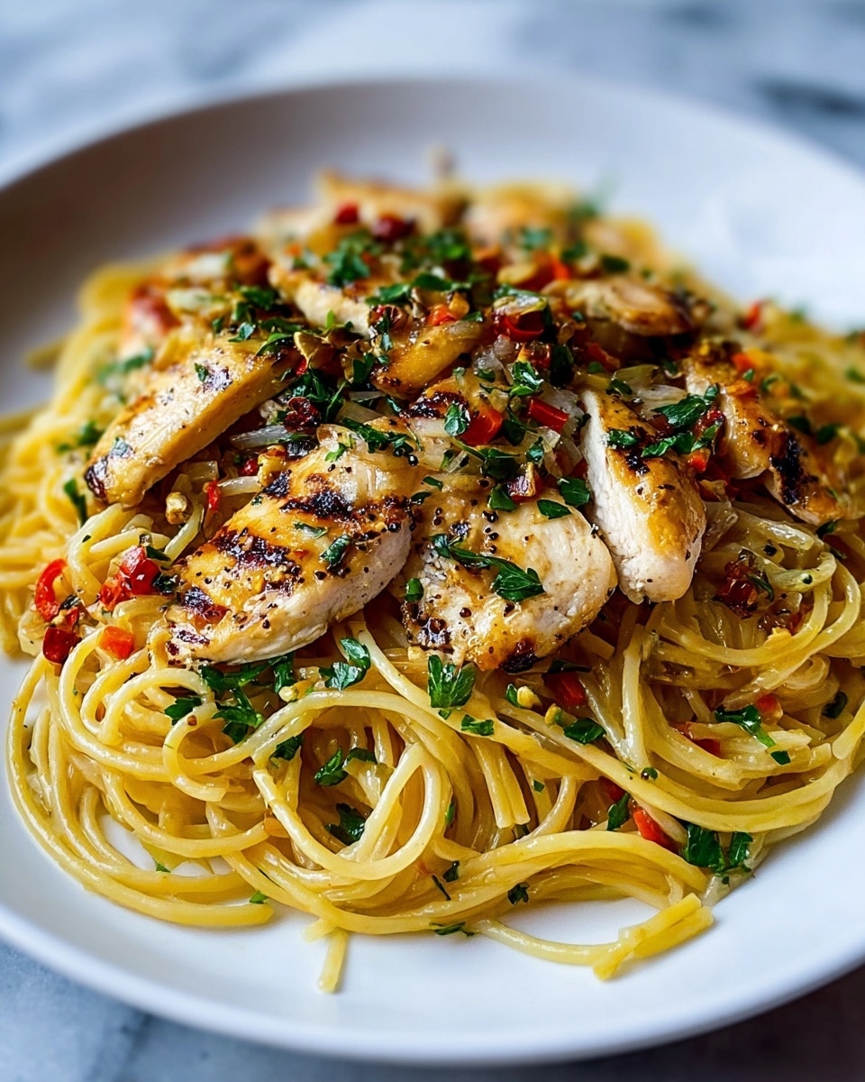 A white plate holds a serving of spaghetti pasta at the bottom layer, golden-yellow with a slight shine, twisted and scattered across the plate. On top, there are pieces of cooked chicken breast, light brown with grill marks and some specks of black pepper. Mixed in and on top of the chicken are sautéed onions and small pieces of red pepper, creating hints of orange and red colors. Fresh green parsley leaves are sprinkled over everything, adding contrast and a fresh look. The whole dish rests on a white marbled surface. photo taken with an iphone --ar 4:5 --v 7