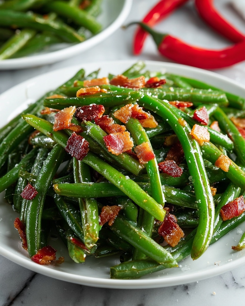 A white plate holds a mix of bright green green beans, glistening with oil and small pieces of crispy reddish-brown bacon scattered throughout. The green beans look fresh and slightly shiny, some showing natural curves and a smooth texture. The plate sits on a white marbled surface, and there are small bits of seasoning, like salt and pepper flakes, visible on the beans. Photo taken with an iphone --ar 4:5 --v 7