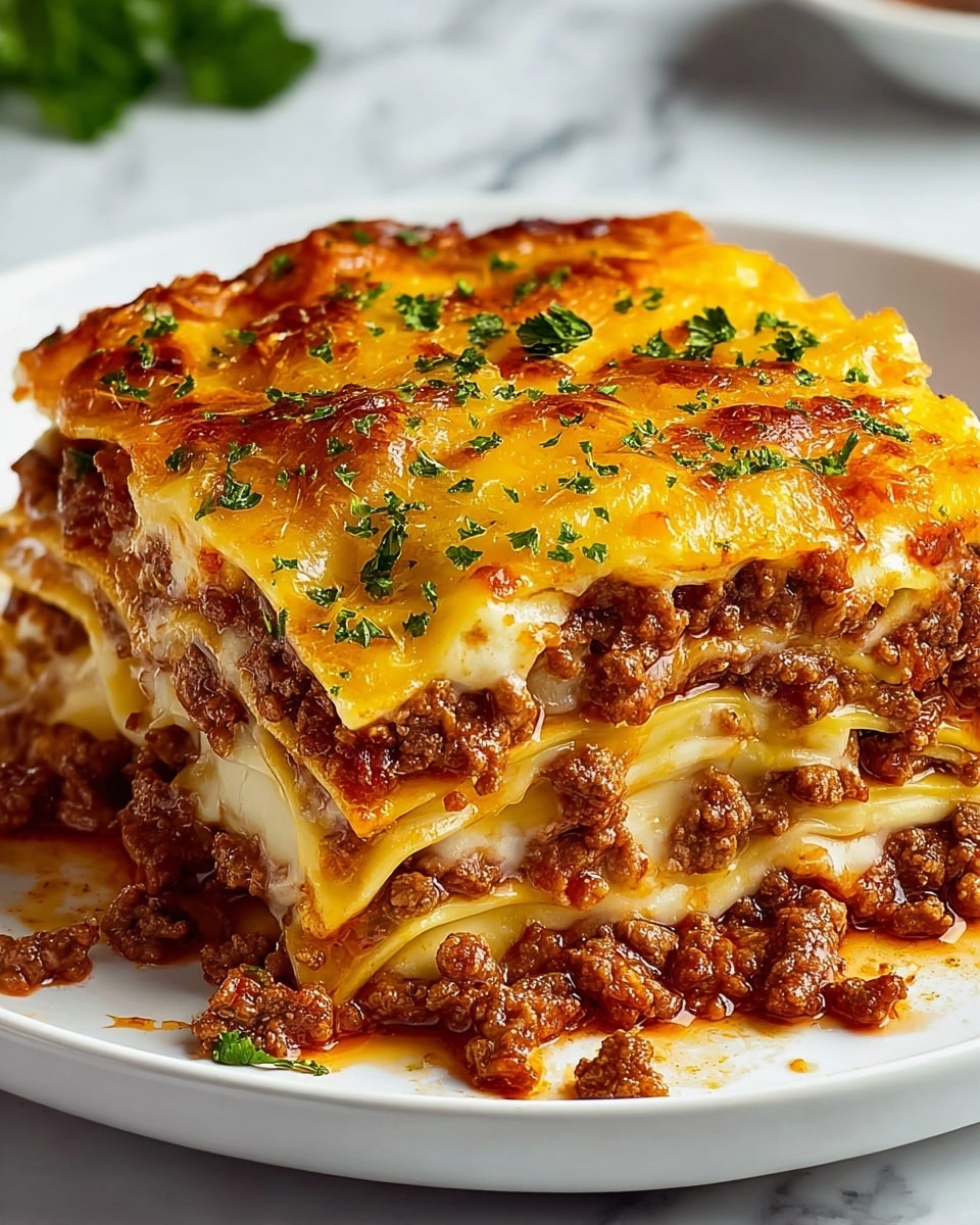 The image shows a close-up of a slice of lasagna on a white plate, layered with three visible levels of wide, flat pasta sheets. The bottom layer is pasta with some sauce, topped by a thick layer of cooked ground beef mixed with sauce, then another pasta sheet, followed by more ground beef and meat sauce. The top layer is a golden, melted cheese layer sprinkled with small bits of green parsley for color. The textures are rich and meaty, with the cheese looking bubbly and slightly browned on top. Some small pieces of meat and parsley are scattered on the plate around the lasagna slice. The background is a white marbled texture. photo taken with an iphone --ar 4:5 --v 7