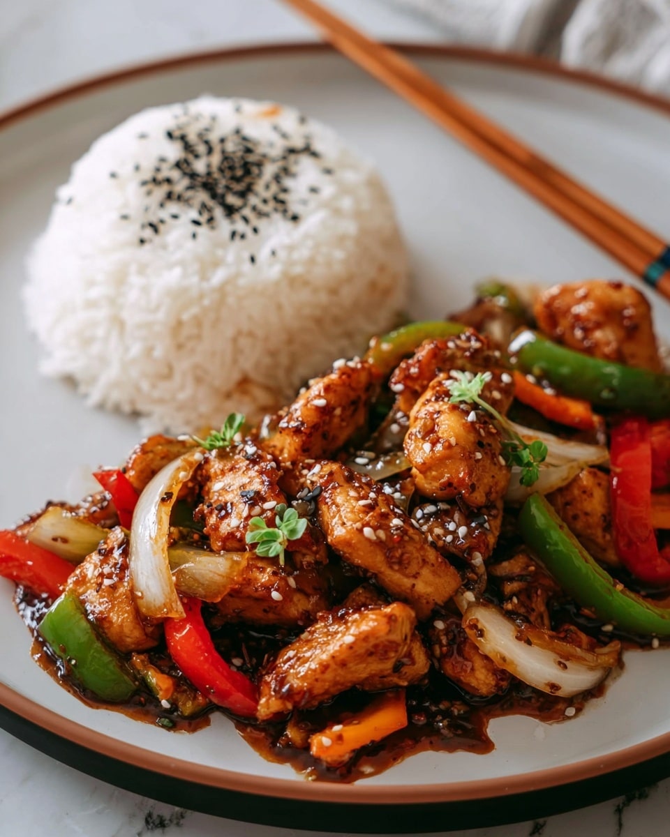 The image shows a white round plate with two main layers: on the left, there is a layer of stir-fried chicken pieces coated in a dark brown glossy sauce mixed with sautéed onions and sliced green and red bell peppers, all sprinkled with white sesame seeds and small green herb leaves. On the right side of the plate, there is a neat mound of fluffy white rice topped with scattered black sesame seeds. Two wooden chopsticks rest on the edge of the plate, all placed on a white marbled surface. photo taken with an iphone --ar 4:5 --v 7