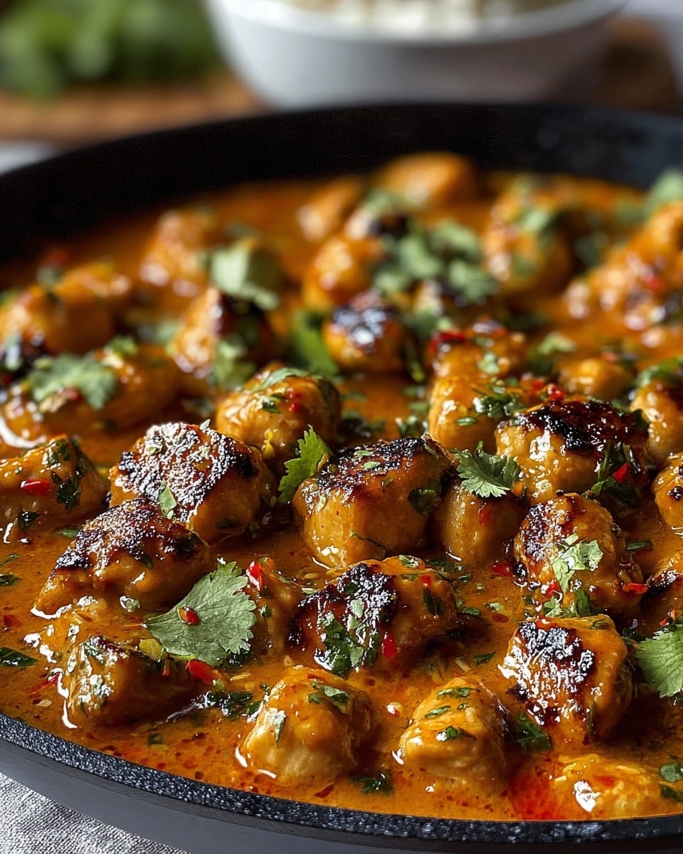 The image shows a close-up of a black frying pan filled with many golden-brown, grilled chicken pieces, glossy with a thick orange sauce that pools at the bottom. Small green cilantro leaves are scattered evenly on top, adding a fresh pop of color. The chicken pieces have slight char marks, and the sauce has tiny bits of red pepper and herbs visible. The background is slightly blurred but hints at a white marbled texture beneath the pan. photo taken with an iphone --ar 4:5 --v 7