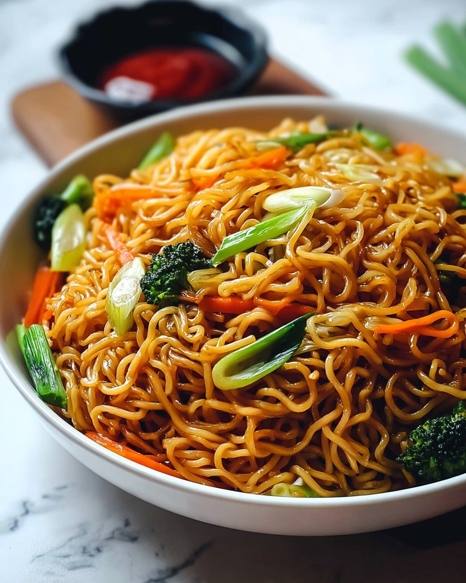 A close-up of a bowl filled with glossy stir-fried noodles that are light brown and curly, forming the main base layer. Mixed within the noodles are bright green chopped scallions, dark green leafy greens, and a few pieces of broccoli, adding fresh texture and colors on top. There are translucent cooked garlic cloves and thin orange carrot strips scattered evenly through the noodles. The bowl is white and sits on a white marbled surface with a blurred black bowl of red sauce and green onion stems in the background. photo taken with an iphone --ar 4:5 --v 7
