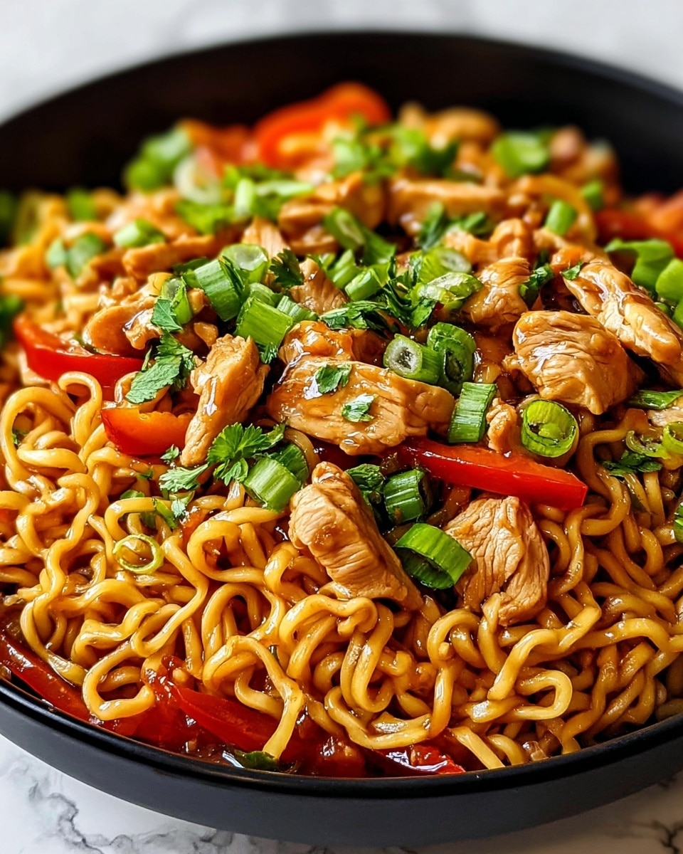 A close-up of a black bowl filled with cooked curly ramen noodles at the base, with several chunks of light golden cooked chicken pieces spread on top. Mixed through the noodles and chicken are bright orange carrot slices and small, deep green chopped spring onions scattered evenly. The noodles have a glossy, slightly oily texture, and the green herbs add a fresh contrast to the warm yellow and orange tones of the dish. The bowl sits on a white marbled surface, and the overall image is sharp with a shallow depth of field, focusing on the center. photo taken with an iphone --ar 4:5 --v 7