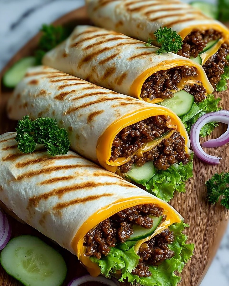 The image shows four grilled wraps with light brown grill marks on the outer layer of the white tortilla. Inside each wrap, there is a thick layer of smooth, bright orange cheese spread lining the tortilla, followed by fresh green lettuce leaves. On top of the lettuce, there are small chunks of cooked, brown ground meat and slices of light green cucumber. The wraps are neatly stacked on a wooden board with some green parsley and slices of purple onion around them, all set against a white marbled texture background. photo taken with an iphone --ar 4:5 --v 7