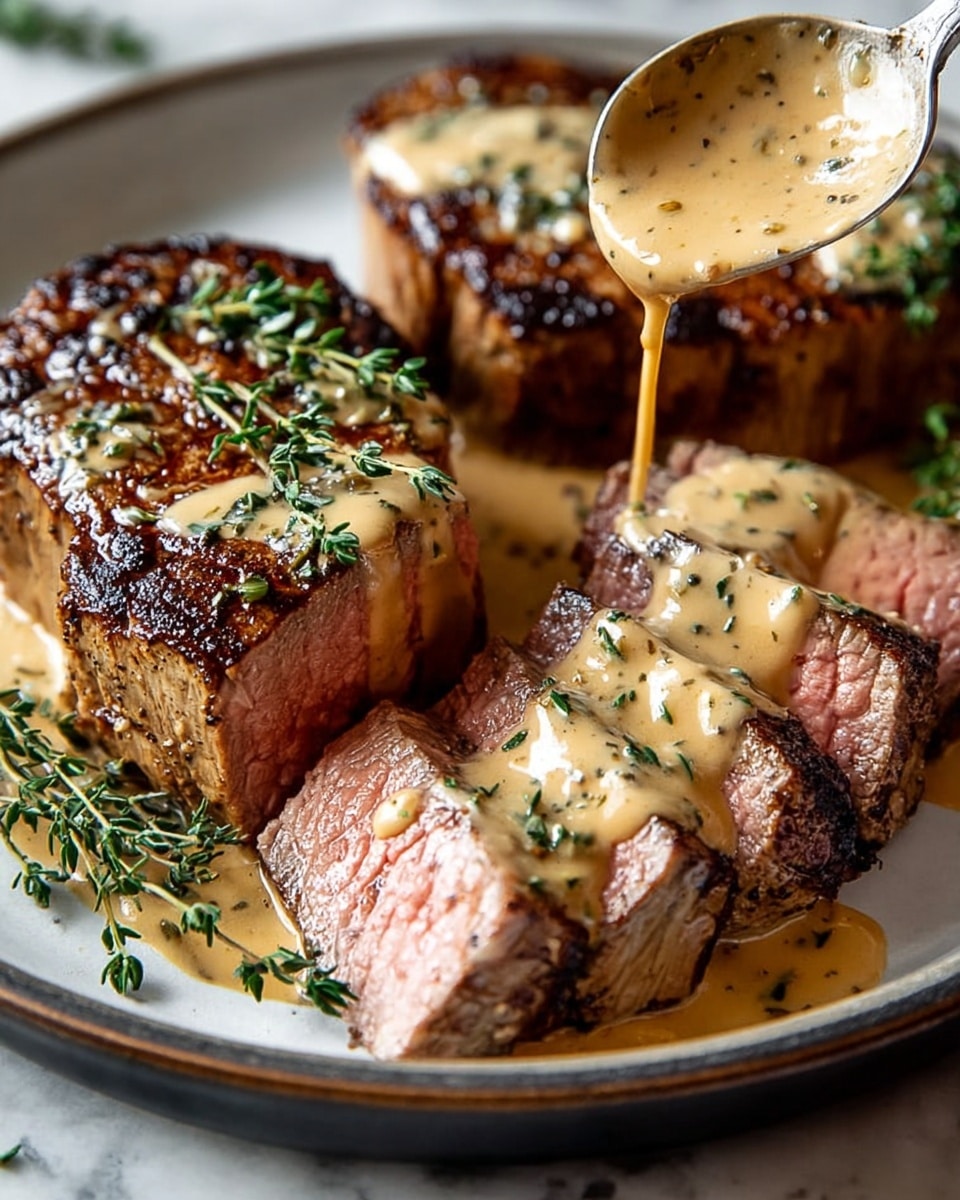 A white plate holds two thick pieces of cooked meat, one whole and the other sliced into five pieces showing a juicy, slightly pink inside with a browned, grilled outside. A creamy light brown sauce with herbs is being poured gently over the sliced meat from above by a spoon, spreading across the plate and pooling underneath. Small green herb leaves are sprinkled on the meat and scattered in the sauce, adding color contrast. The plate sits on a white marbled surface. Photo taken with an iphone --ar 4:5 --v 7
