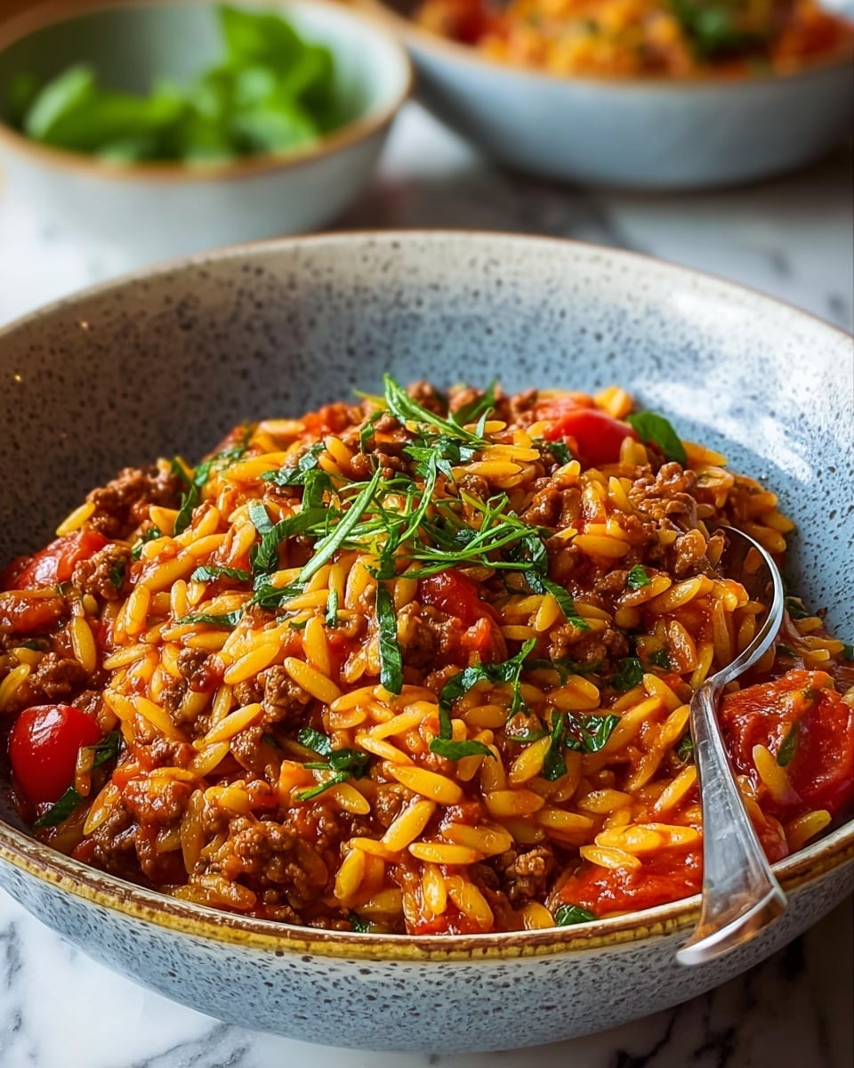 A close-up of a deep blue speckled bowl filled with a rich orzo pasta dish, showing about three layers: the base is a mix of small, shiny, yellow orzo pasta pieces; the middle layer has crumbled browned ground meat mixed evenly throughout; the top layer includes bright red tomato chunks and scattered dark green spinach leaves, all coated in a glossy reddish sauce, garnished in the center with fresh rosemary sprigs. A spoon rests on the bowl's edge, with a blurred background of green herbs in a white bowl, all set on a white marbled surface. photo taken with an iphone --ar 4:5 --v 7