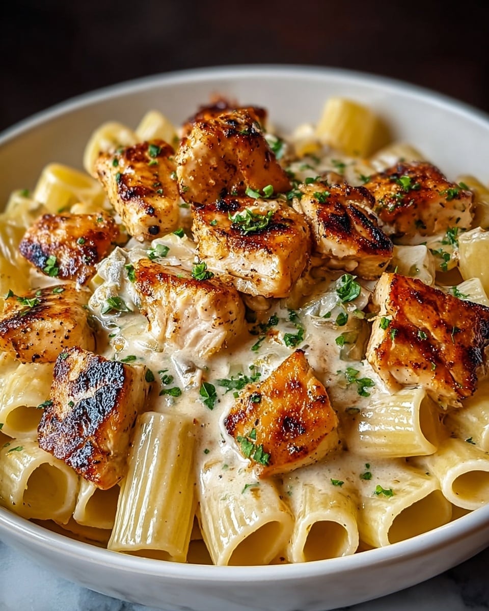 The dish shows a close-up of large rigatoni pasta pieces covered in a creamy, light beige sauce at the bottom layer. On top of the pasta, there are several pieces of browned, crispy chicken with a golden-brown, slightly charred outer texture. Bright green chopped herbs are scattered over the chicken and pasta, adding contrast and freshness to the dish. All of this is served in a white bowl, set against a white marbled textured surface. photo taken with an iphone --ar 4:5 --v 7