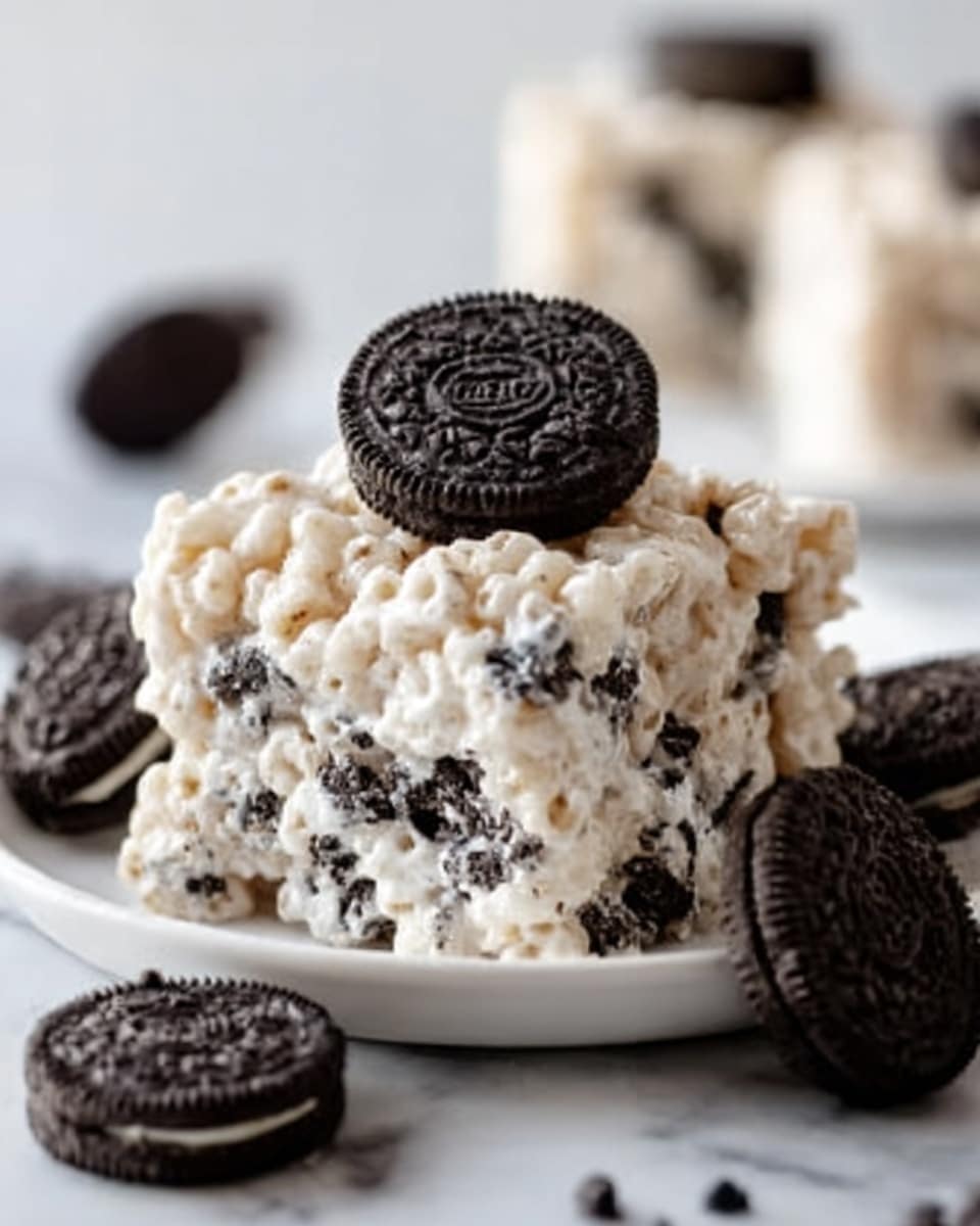 A thick square treat made of small, white puffy cereal pieces mixed with small black cookie chunks, giving it a speckled look. It is topped with a whole black and white cookie and placed on a smooth, white plate. Around the main square treat, there are several whole black and white cookies scattered on the plate. The surface underneath is a white marbled texture. The photo taken with an iphone --ar 4:5 --v 7