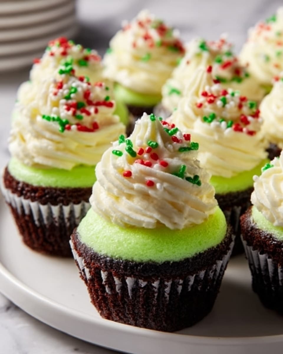 The image shows a group of six cupcakes with three visible layers each. The bottom layer is a dark chocolate cake base, dense and textured. The middle layer is a smooth, bright lime-green frosting that covers the cake evenly. The top layer is a tall swirl of white whipped cream frosting, soft and fluffy in texture. On top of the whipped cream, there are small red and green sprinkles scattered for decoration. The cupcakes are arranged closely together on a white plate, all set on a white marbled surface. Photo taken with an iphone --ar 4:5 --v 7