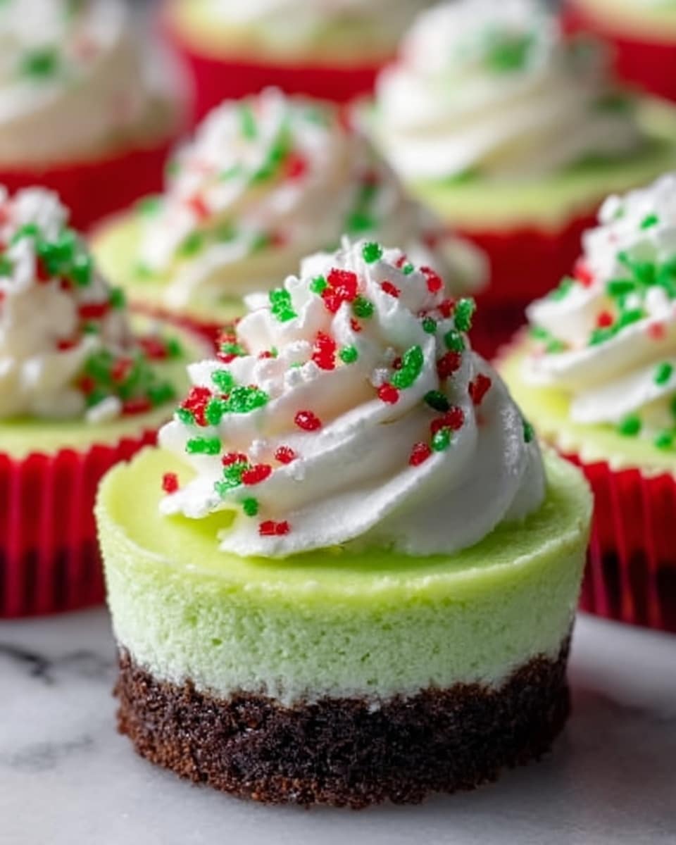 The image shows a close-up of small round cheesecake desserts, each with three layers. The bottom layer is dark brown and crumbly, the middle layer is a smooth, bright light green cream, and the top layer is a tall swirl of white whipped cream sprinkled with red and green tiny round sprinkles. Each cheesecake is placed in a white cupcake liner with red sides. The background features more cheesecakes slightly out of focus, all set on a white marbled surface. Photo taken with an iphone --ar 4:5 --v 7