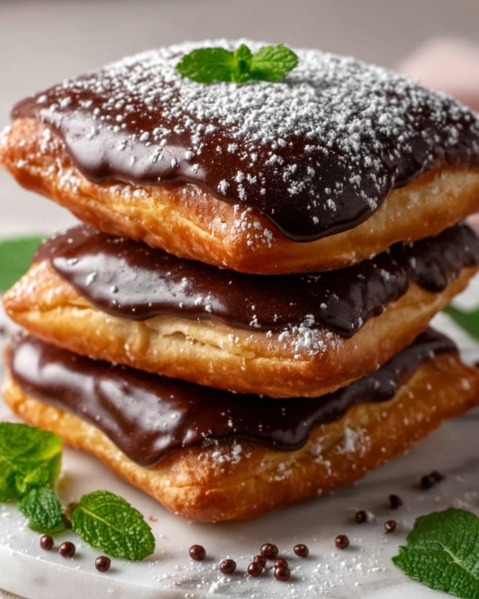 The image shows three square puff pastries stacked slightly on top of each other on a white marbled surface. Each pastry is golden brown with crisp edges and is covered with a thick layer of glossy, dark chocolate sauce that drips slightly over the sides. There is a light dusting of white powdered sugar on top of the chocolate, adding contrast. A small green mint leaf is placed on the top pastry as a fresh garnish. The overall look is rich and inviting, with a clear focus on the texture of the flaky pastry and smooth chocolate. photo taken with an iphone --ar 4:5 --v 7
