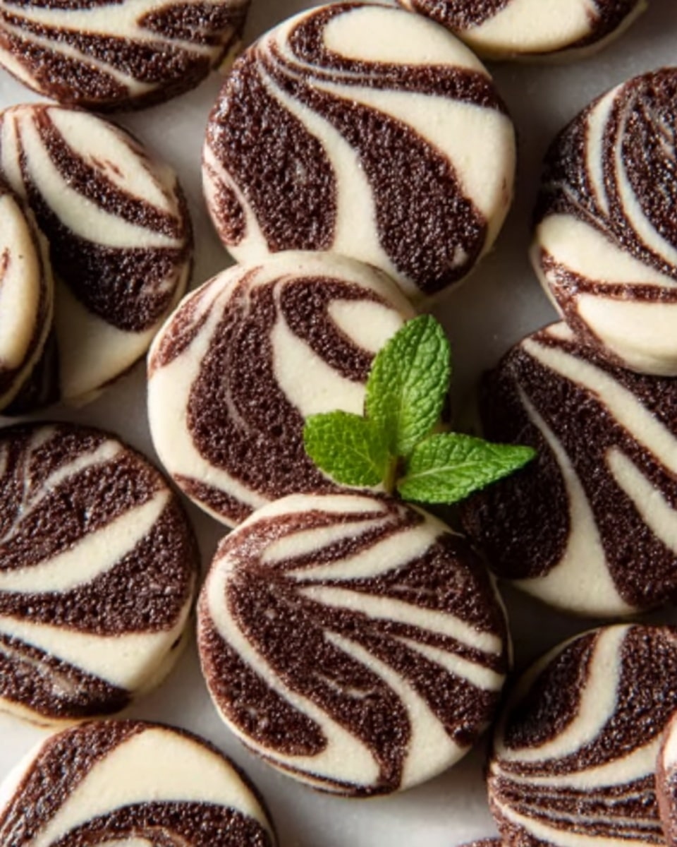 The image shows many round cookies with a marbled pattern made of dark brown chocolate swirls mixed into a creamy white base. Each cookie is topped with a small green mint leaf for a fresh pop of color. The cookies are closely arranged, filling the frame with their smooth, glossy texture and intricate swirl designs. The background is a white marbled surface. Photo taken with an iphone --ar 4:5 --v 7