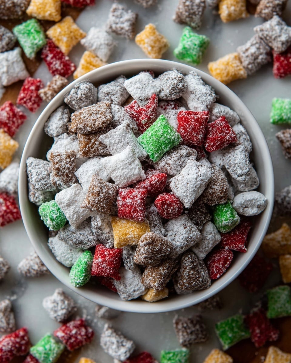 A white bowl is filled with many small, square-shaped snack pieces covered in a light white powder. These snacks come in different colors including white, red, green, brown, and a few yellow pieces, all mixed together. The texture of the snacks looks crunchy and slightly rough, showing some ridges. Around the bowl, the same colorful snacks are scattered on a white marbled surface. photo taken with an iphone --ar 4:5 --v 7