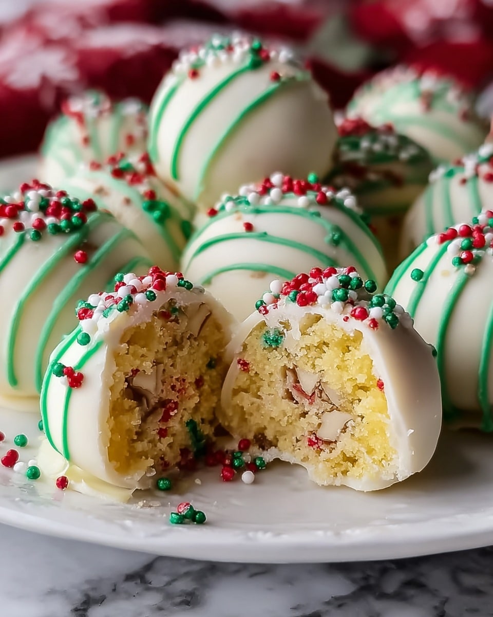 The image shows round cake balls coated in smooth white chocolate with bright green icing stripes wrapped around them. Each cake ball is topped with small round sprinkles in red, white, and green colors. One cake ball is cut in half, revealing a crumbly, soft yellow interior mixed with red and green sprinkles and a small chunk of yellow inside. The cake balls sit on a white plate with a delicate pattern, all placed on a white marbled surface. photo taken with an iphone --ar 4:5 --v 7