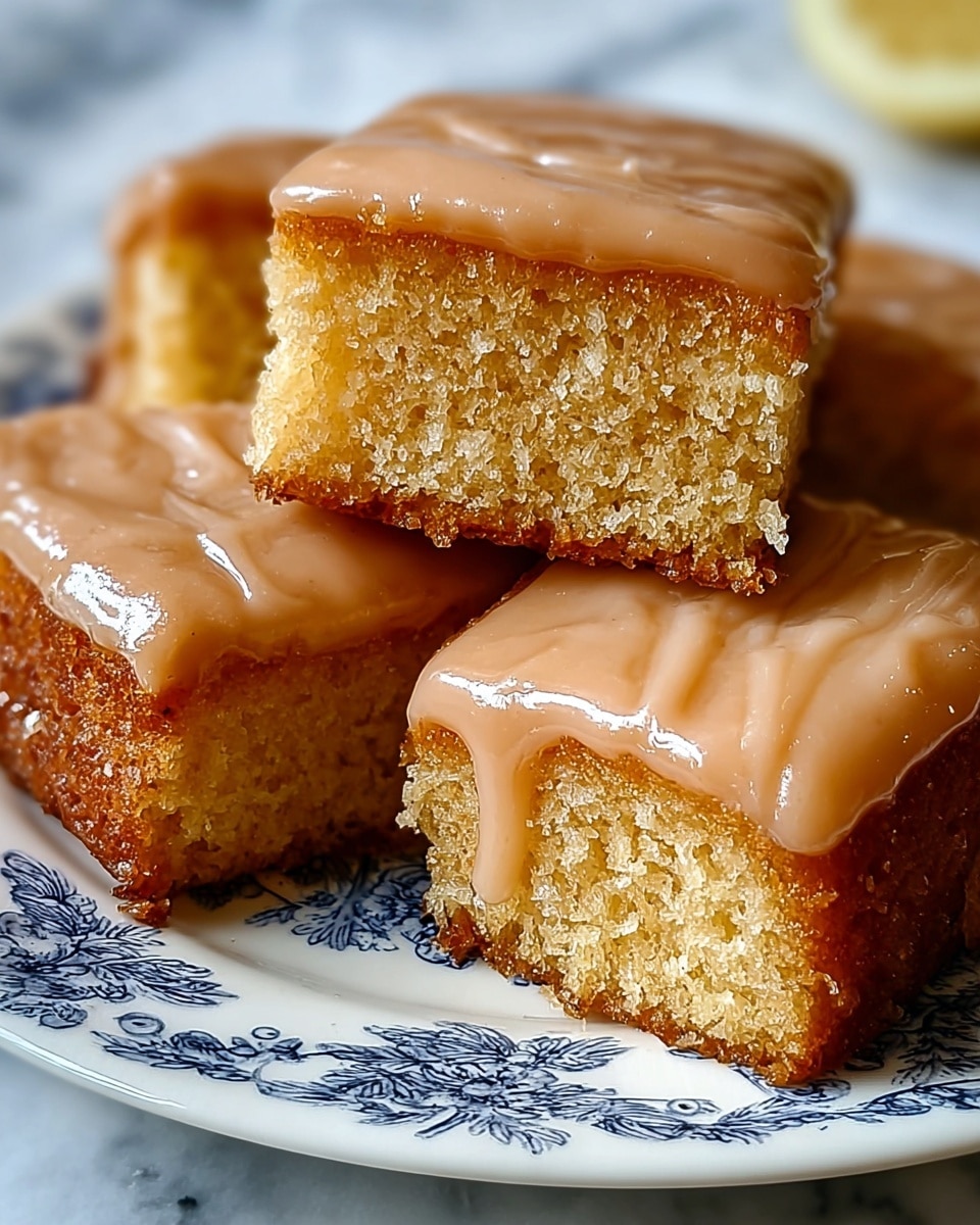 The image shows a close-up of several small rectangular pieces of cake arranged on a white plate with dark floral patterns. Each piece has two visible layers: a golden-brown, moist cake base with a slightly crumbly texture, and a thick, shiny light brown glaze dripping smoothly over the top and sides, creating a glossy look. One piece is positioned on top of another, revealing the soft interior texture in detail. The overall setting is bright with a white marbled surface blurred in the background. photo taken with an iphone --ar 4:5 --v 7