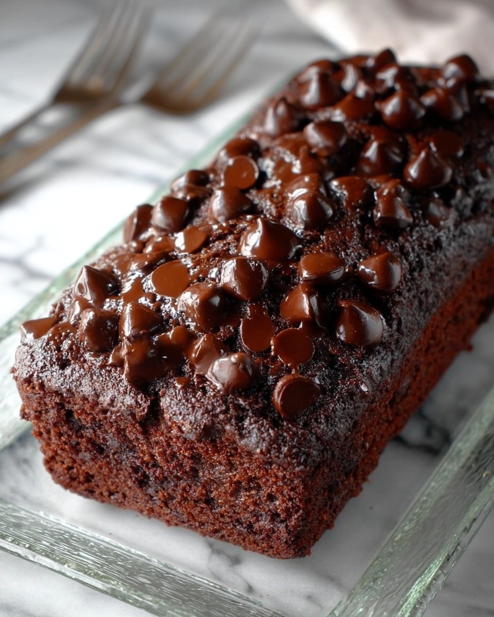A close-up image of a thick, rectangular chocolate cake with a rough, textured dark brown surface. The top layer is covered with many shiny, melting chocolate chips, some of which have started to spread, creating a glossy effect. The cake is placed on a clear glass dish, sitting on a white marbled texture, with a silver fork visible behind it. The focus is on the rich, dense cake and the chocolate chips on top. photo taken with an iphone --ar 4:5 --v 7
