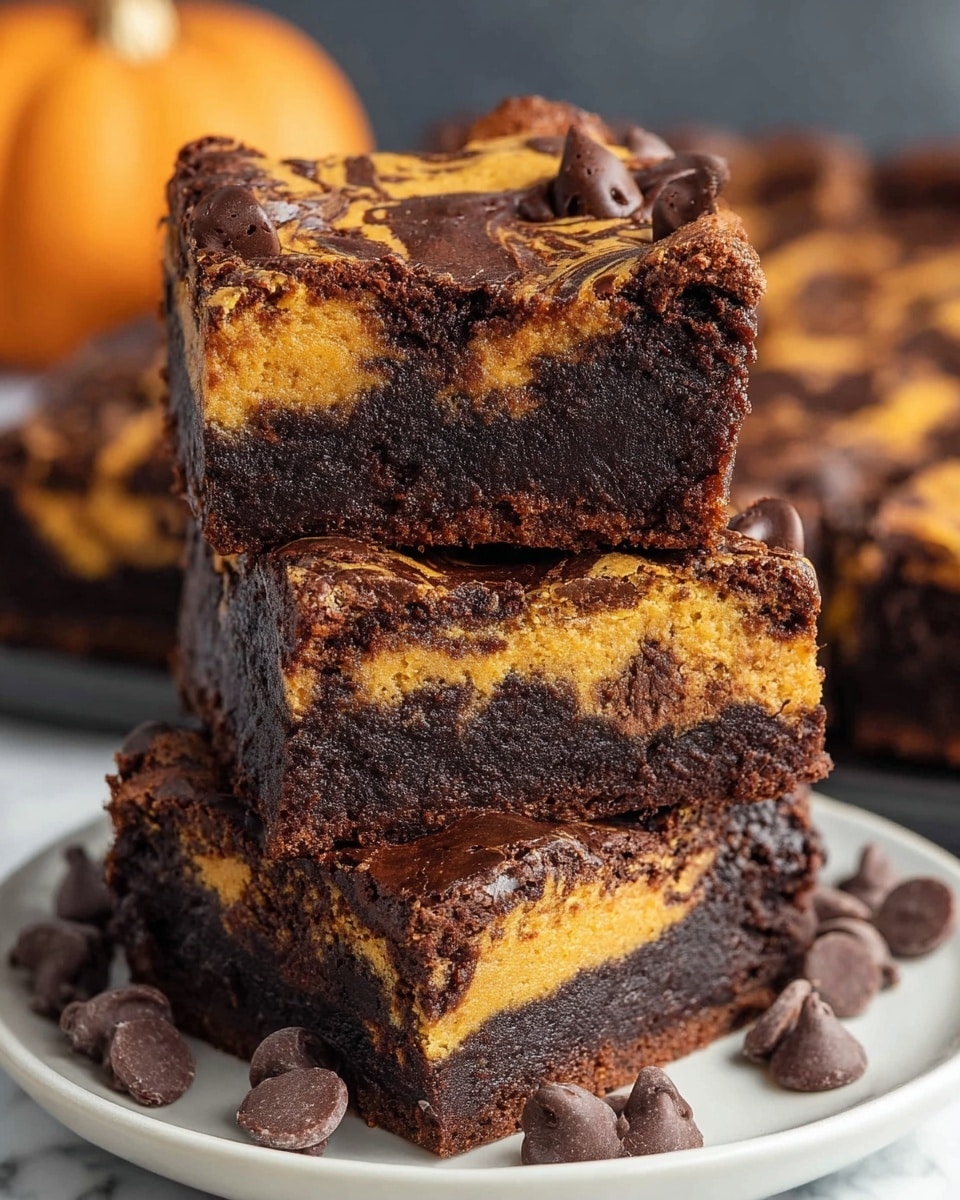 A close-up view of three thick, square brownies stacked on top of each other, each showing two distinct layers: a dark, fudgy chocolate layer with a dense, moist texture swirled with a bright orange, creamy pumpkin layer that has a smooth, slightly marbled appearance. The top brownie has a few glossy chocolate chips scattered on the surface, which has a shiny, slightly cracked finish. The brownies are placed on a white plate, set against a soft, blurred white marbled texture background with some out-of-focus orange shapes that suggest pumpkins. Photo taken with an iphone --ar 4:5 --v 7