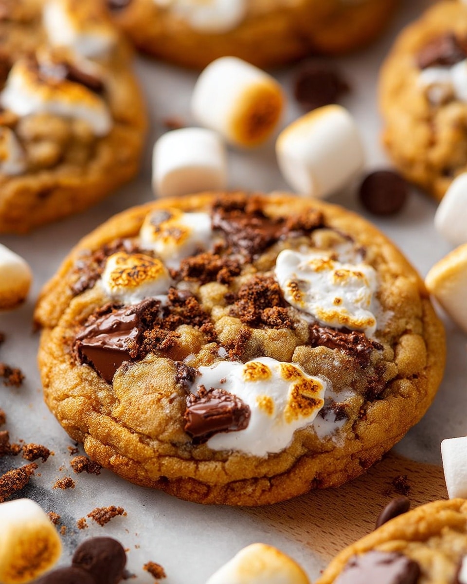 A close-up of a thick, round cookie with a golden-brown baked surface, studded with melted dark chocolate chunks and a toasted marshmallow in the center that shows a light brown, crispy texture. The cookie has a slightly crumbly texture with pieces of chocolate scattered on top. Around the cookie, there are several small, lightly toasted marshmallows, some whole and some cut, sitting on a white marbled surface. In the background, blurred pumpkins add a warm orange tone to the scene. photo taken with an iphone --ar 4:5 --v 7