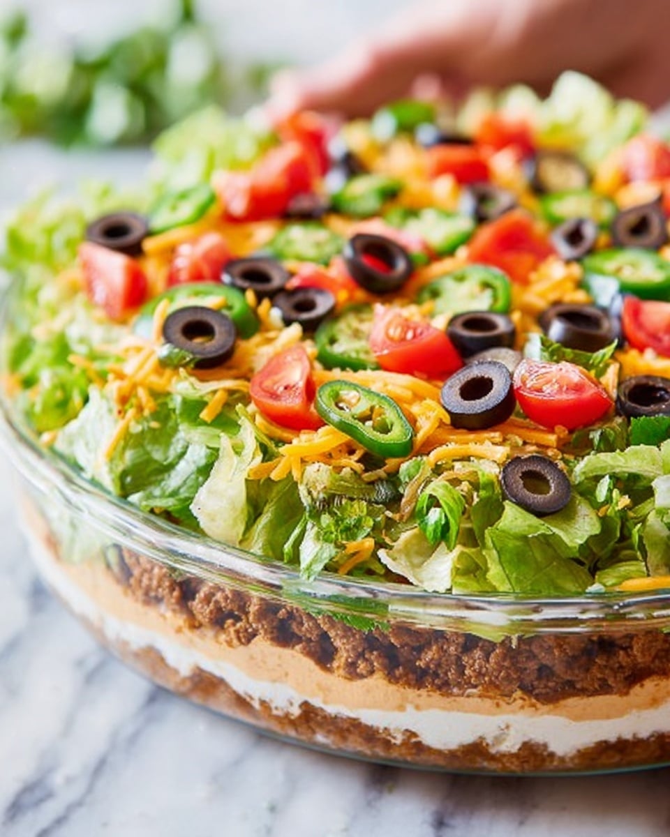 A clear glass dish shows seven layers of a dip: at the bottom is a smooth, light orange layer of refried beans, followed by a thick, creamy white layer of sour cream. Above this is a crumbly, brown ground beef layer topped with a generous amount of chopped dark green lettuce. The top has thin strands of orange shredded cheese, sliced black olives, small red diced tomatoes, and several round green jalapeño slices, all arranged evenly. The dish is set on a white marbled surface with some blurred chips in the background. photo taken with an iphone --ar 4:5 --v 7