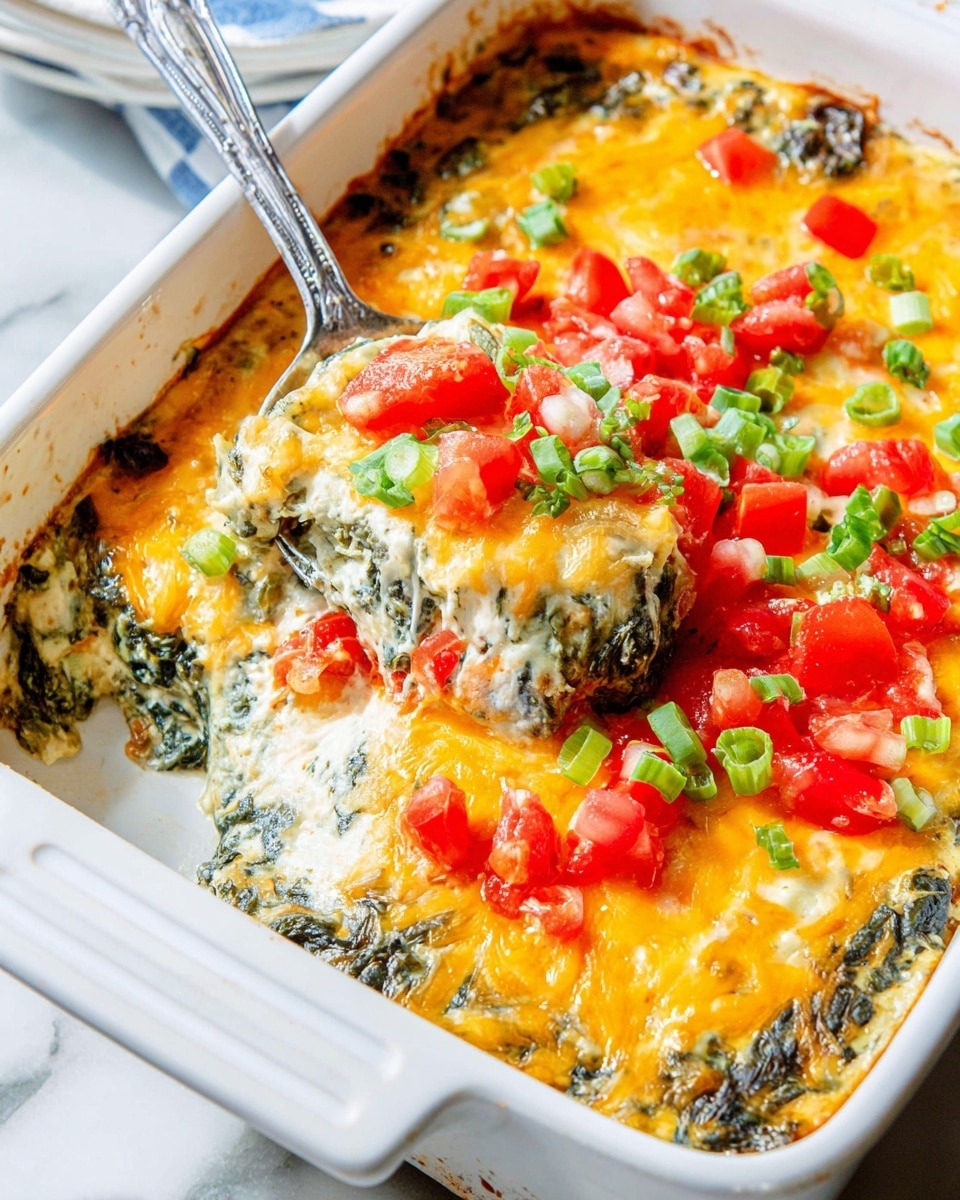 A white rectangular baking dish holds a layered creamy spinach casserole topped with melted golden-yellow cheddar and white mozzarella cheese, garnished with bright red diced tomatoes and fresh green chopped scallions. The dish has a creamy, slightly browned cheese layer on top, with a soft, mixed texture of spinach and cheese visible underneath as a spoon lifts a portion from the corner. The background shows a blue cloth partially under the dish on a white marbled surface. Photo taken with an iphone --ar 4:5 --v 7