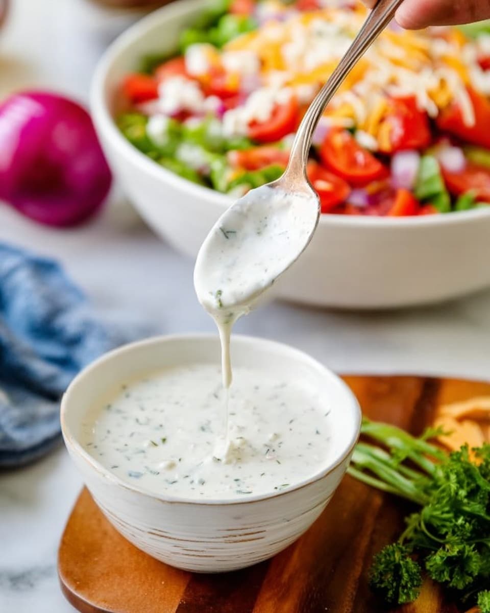 A white bowl filled with creamy white ranch dressing speckled with green herbs sits in the center, with a spoon held by a woman's hand pouring the thick dressing in a slow stream back into the bowl. Behind it, slightly blurred, is a white bowl of vibrant salad containing chopped red tomatoes, yellow corn, green lettuce, and crumbled light brown topping. On the left side, fresh green parsley and a sliced red onion rest on a wooden board, all placed on a white marbled surface. A red and white striped cloth is partly visible under the bowl of dressing photo taken with an iphone --ar 4:5 --v 7