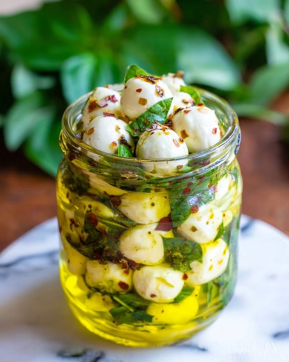A clear glass jar filled with small white cheese cubes layered and mixed with fresh green basil leaves and coated in golden yellow olive oil, with some red pepper flakes and black pepper sprinkled on top, all sitting on a white marbled surface with blurred green leaves in the background. photo taken with an iphone --ar 4:5 --v 7